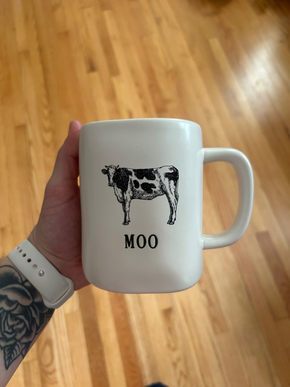 Rae Dunn White Ceramic 'MOO' Cow Mug with Black Design